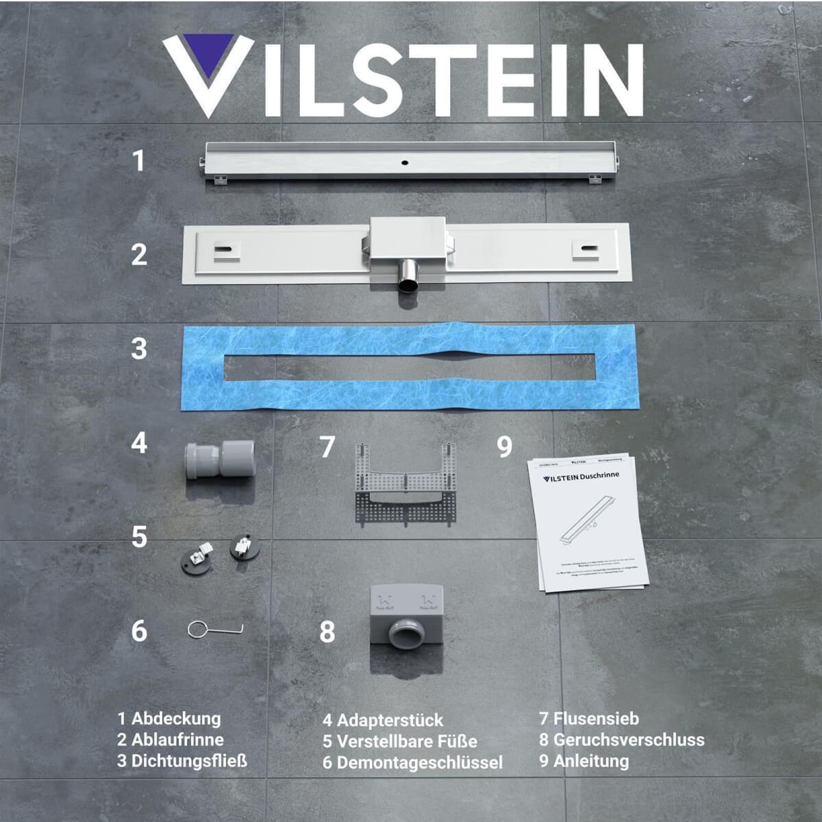 Vilstein Duschrinne befliesbar mit Siphon