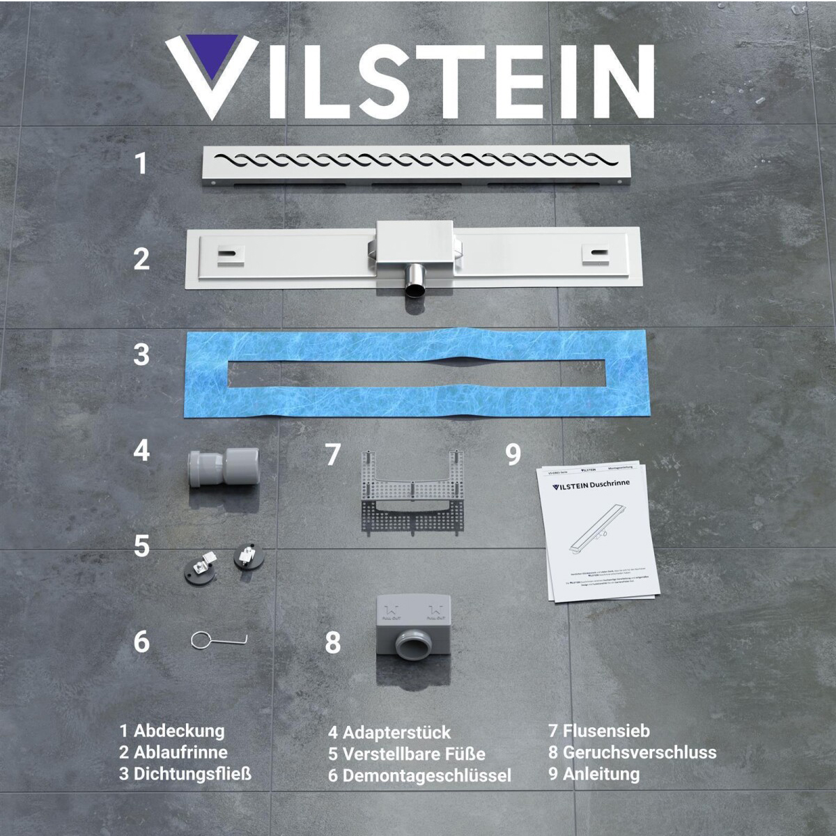 Vilstein Duschrinne mit Siphon kurze Welle