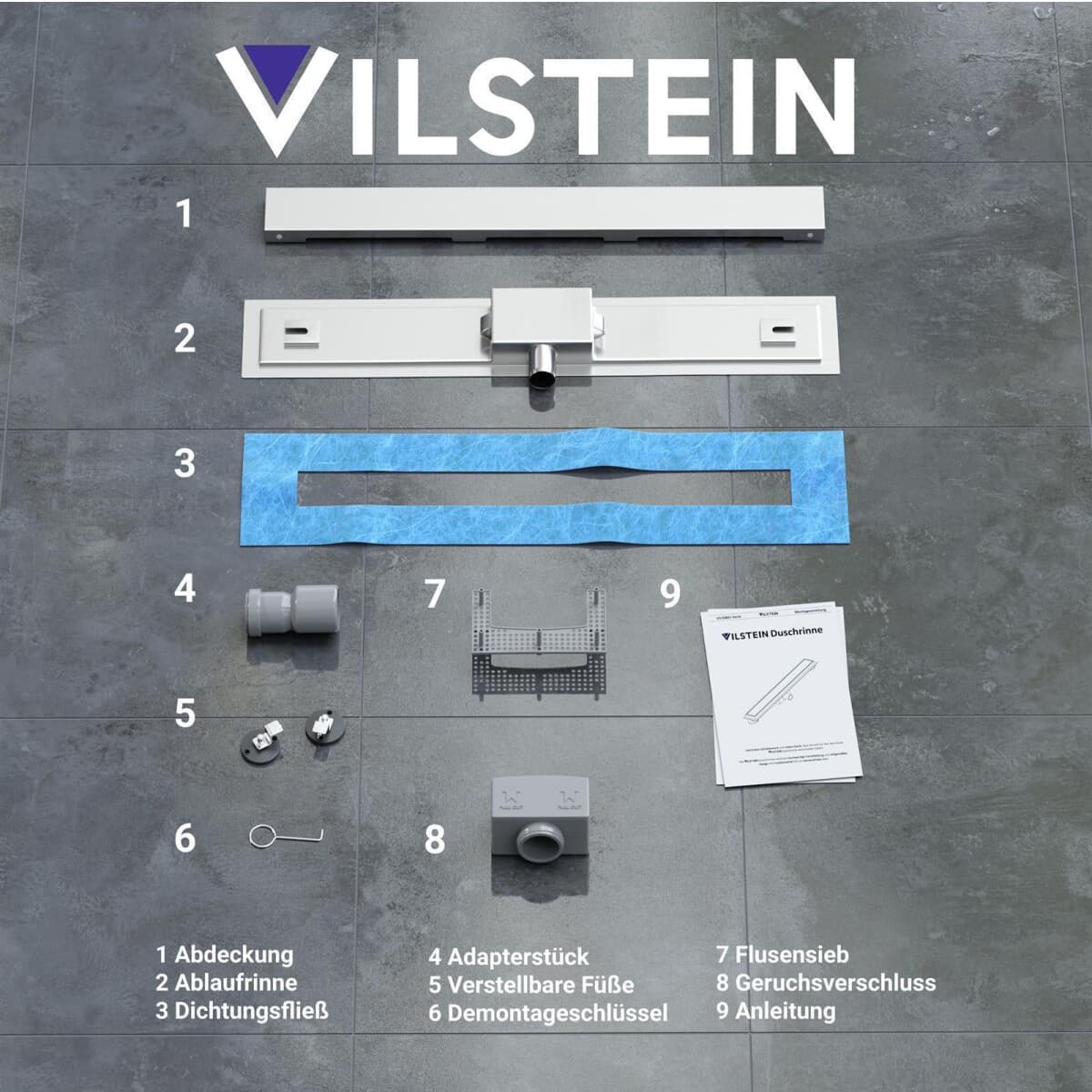 Vilstein Duschrinne mit Siphon Randablauf