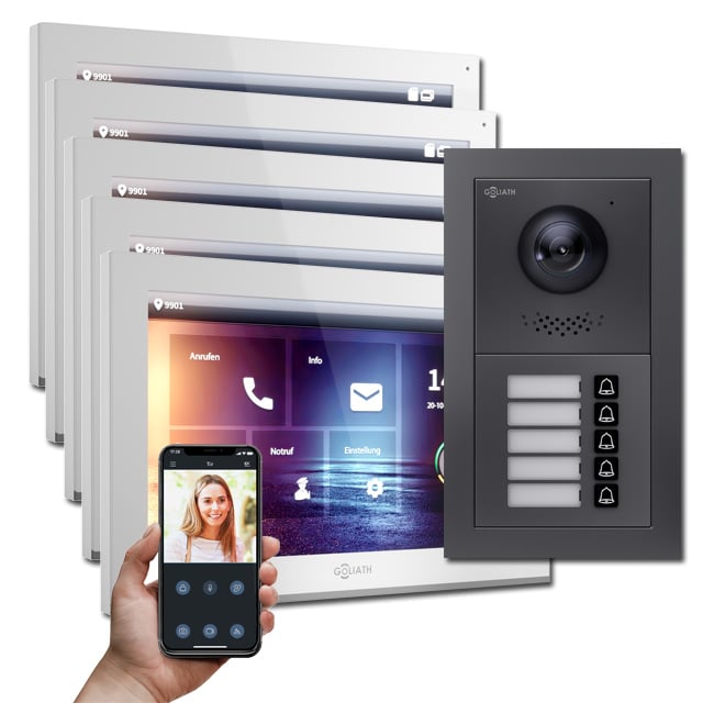 Türsprechanlage mit 5 Klingeln und 5 Monitoren