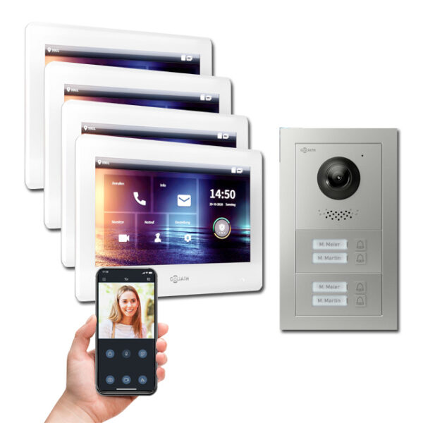 Goliath IP Video Türsprechanlage Hybrid, 4 x 7" Innenstation, 1 x Außenstation mit Kamera, 4 Klingel