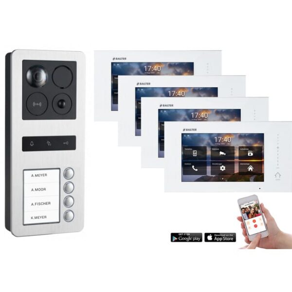 Balter ERA Türsprechanlage IP, WLAN, RFID, Aufputz, 2-Draht BUS für 4-Familienhaus, 4 x 7" Touchscreen-Monitor und Hauptstromverteiler